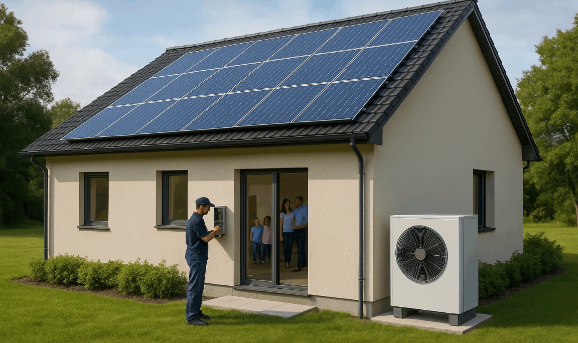 Ολοκληρωμένο ενεργειακό σύστημα με αντλία θερμότητας και φωτοβολταϊκά σε σύγχρονη κατοικία.